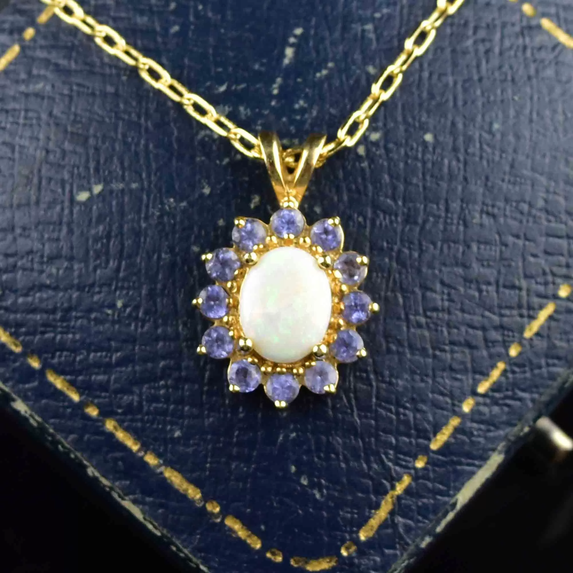 Vintage 14K Gold Opal Tanzanite Halo Pendant Necklace