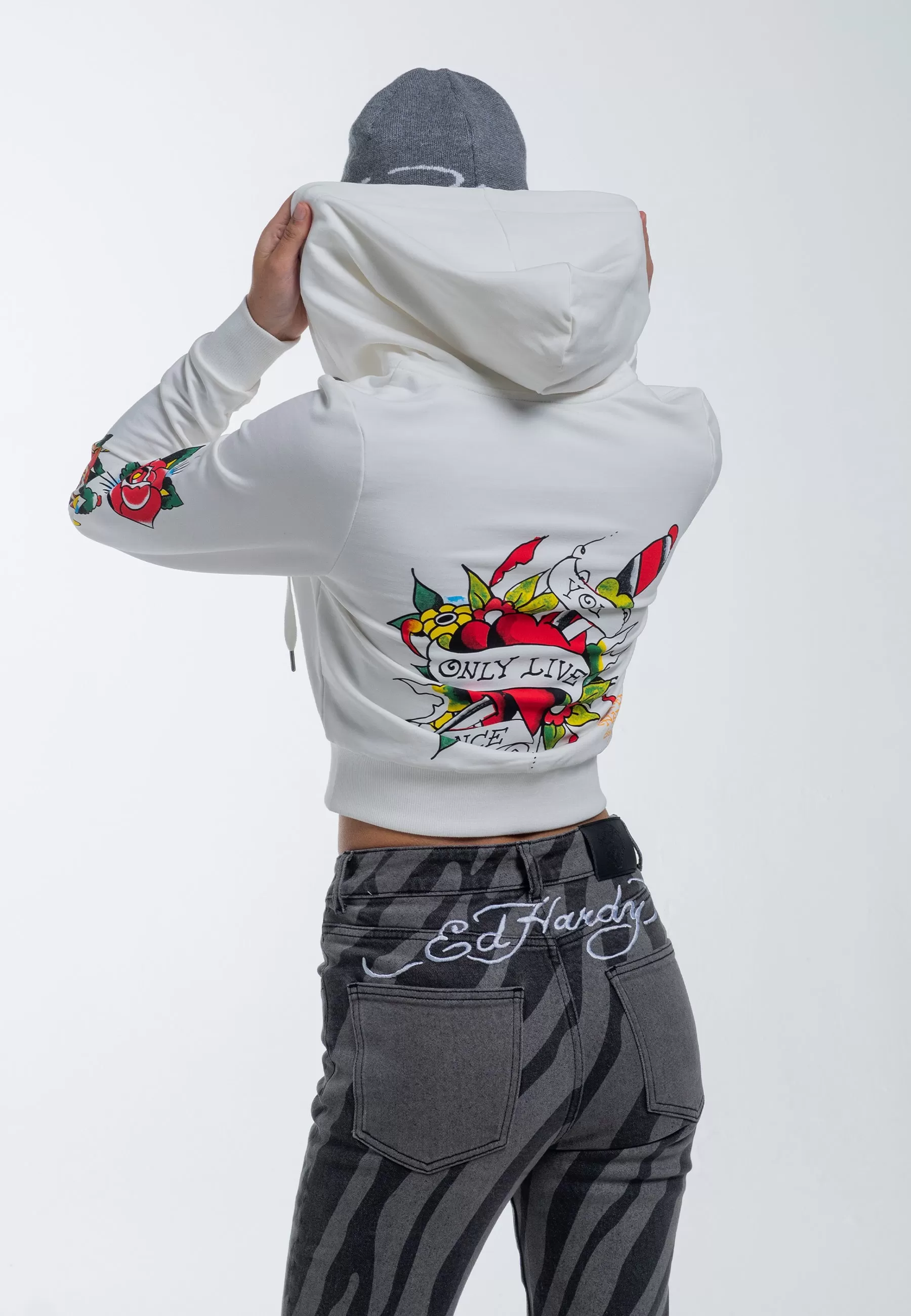 Womens Only Live Once Cropped Zip Through Hoodie - White