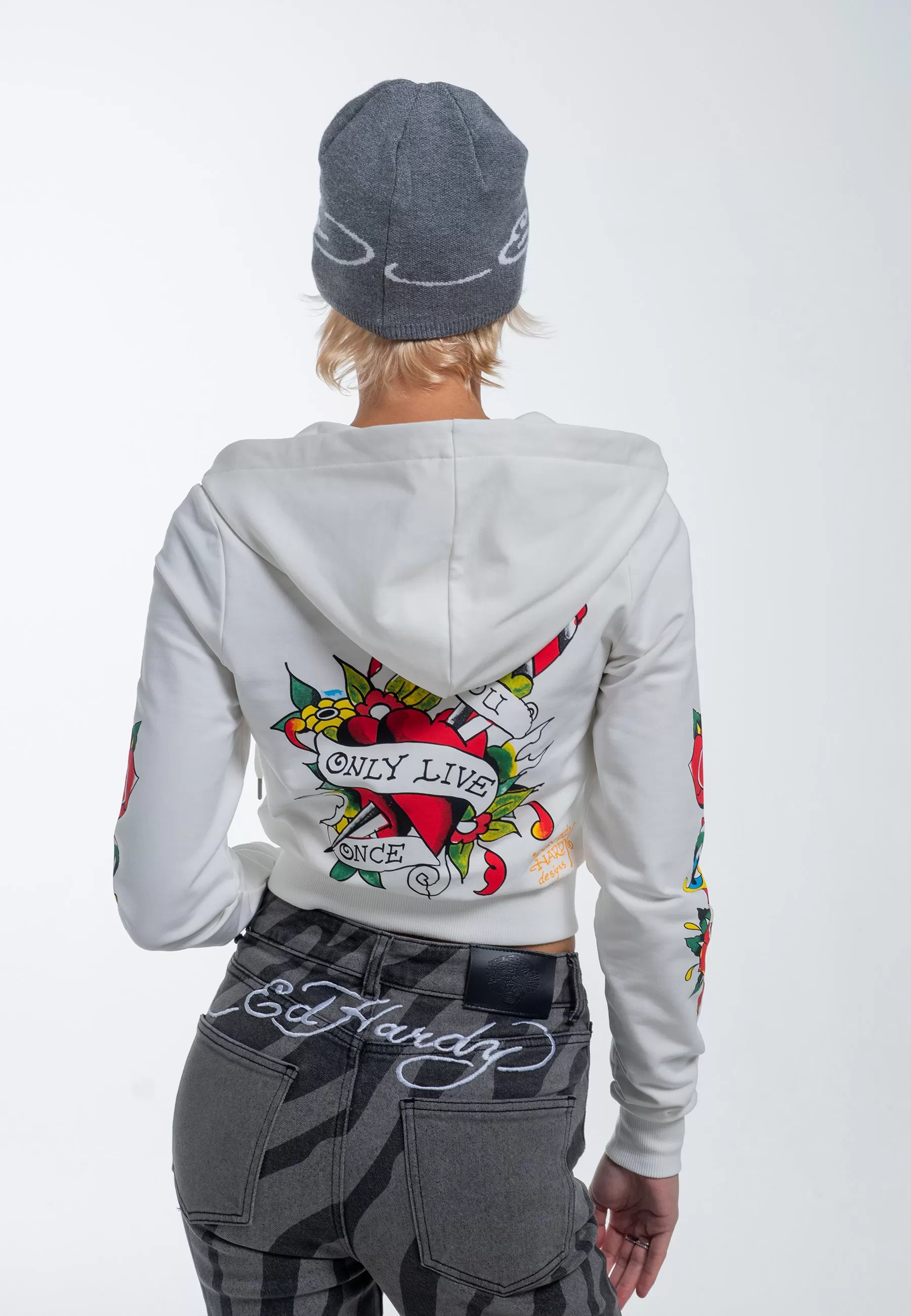 Womens Only Live Once Cropped Zip Through Hoodie - White