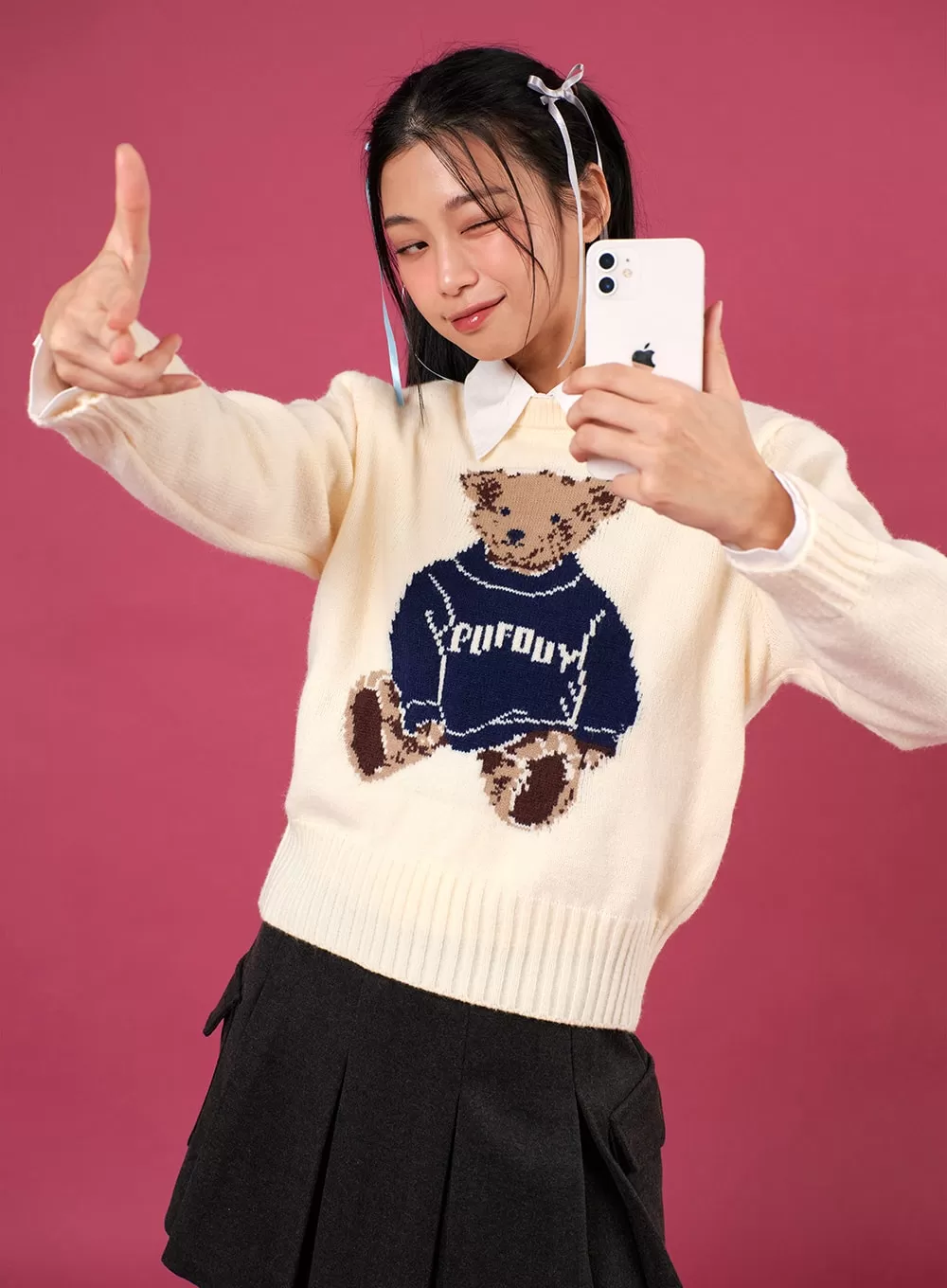 Wool Blend Bear Knit Sweater IJ402