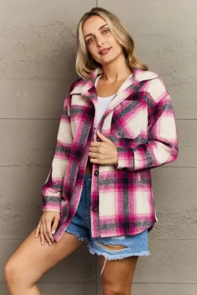 Zenana By The Fireplace Oversized Plaid Shacket in Magenta